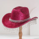 Rose Red Rhinestone Fringe Cowboy Hat - Sparkling Western Party Hat with Round Gemstone Band and Crystal Tassel Fringe for Festivals, Carnival, Dance and Stage Performance