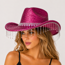 Rose Red Rhinestone Fringe Cowboy Hat - Sparkling Western Party Hat with Round Gemstone Band and Crystal Tassel Fringe for Festivals, Carnival, Dance and Stage Performance