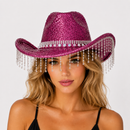 Rose Red Rhinestone Fringe Cowboy Hat - Sparkling Western Party Hat with Round Gemstone Band and Crystal Tassel Fringe for Festivals, Carnival, Dance and Stage Performance