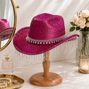Rose Red Rhinestone Fringe Cowboy Hat - Sparkling Western Party Hat with Round Gemstone Band and Crystal Tassel Fringe for Festivals, Carnival, Dance and Stage Performance