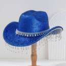 Blue Rhinestone Fringe Cowboy Hat - Sparkling Western Party Hat with Round Gemstone Band and Crystal Tassel Fringe for Festivals, Carnival, Dance and Stage Performance