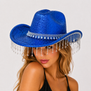 Blue Rhinestone Fringe Cowboy Hat - Sparkling Western Party Hat with Round Gemstone Band and Crystal Tassel Fringe for Festivals, Carnival, Dance and Stage Performance
