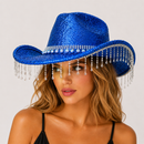 Blue Rhinestone Fringe Cowboy Hat - Sparkling Western Party Hat with Round Gemstone Band and Crystal Tassel Fringe for Festivals, Carnival, Dance and Stage Performance