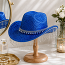 Blue Rhinestone Fringe Cowboy Hat - Sparkling Western Party Hat with Round Gemstone Band and Crystal Tassel Fringe for Festivals, Carnival, Dance and Stage Performance