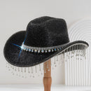 Black Rhinestone Fringe Cowboy Hat - Sparkling Western Party Hat with Round Gemstone Band and Crystal Tassel Fringe for Festivals, Carnival, Dance and Stage Performance