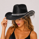 Black Rhinestone Fringe Cowboy Hat - Sparkling Western Party Hat with Round Gemstone Band and Crystal Tassel Fringe for Festivals, Carnival, Dance and Stage Performance