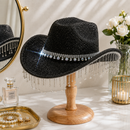 Black Rhinestone Fringe Cowboy Hat - Sparkling Western Party Hat with Round Gemstone Band and Crystal Tassel Fringe for Festivals, Carnival, Dance and Stage Performance