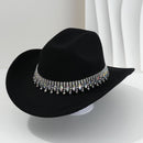 Rhinestone Cowboy Hat - Black Western Hat with Iridescent Gemstone Fringe Band, Wide Curved Brim for Weddings, Parties, Festivals and Stage Outfits