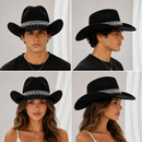 Rhinestone Cowboy Hat - Black Western Hat with Iridescent Gemstone Fringe Band, Wide Curved Brim for Weddings, Parties, Festivals and Stage Outfits