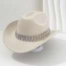 Rhinestone Cowboy Hat - Beige Western Hat with Iridescent Gemstone Fringe Band, Wide Curved Brim for Weddings, Parties, Festivals and Stage Outfits