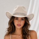 Rhinestone Cowboy Hat - Beige Western Hat with Iridescent Gemstone Fringe Band, Wide Curved Brim for Weddings, Parties, Festivals and Stage Outfits