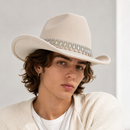 Rhinestone Cowboy Hat - Beige Western Hat with Iridescent Gemstone Fringe Band, Wide Curved Brim for Weddings, Parties, Festivals and Stage Outfits