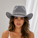 Rhinestone Cowboy Hat - Gray Western Hat with Iridescent Gemstone Fringe Band, Wide Curved Brim for Weddings, Parties, Festivals and Stage Outfits