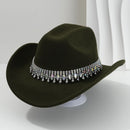 Rhinestone Cowboy Hat - Army Green Western Hat with Iridescent Gemstone Fringe Band, Wide Curved Brim for Weddings, Parties, Festivals and Stage Outfits