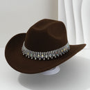 Rhinestone Cowboy Hat - Dark Brown Western Hat with Iridescent Gemstone Fringe Band, Wide Curved Brim for Weddings, Parties, Festivals and Stage Outfits