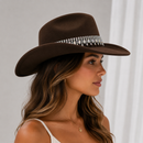 Rhinestone Cowboy Hat - Dark Brown Western Hat with Iridescent Gemstone Fringe Band, Wide Curved Brim for Weddings, Parties, Festivals and Stage Outfits