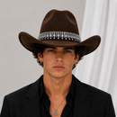 Rhinestone Cowboy Hat - Dark Brown Western Hat with Iridescent Gemstone Fringe Band, Wide Curved Brim for Weddings, Parties, Festivals and Stage Outfits