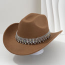 Rhinestone Cowboy Hat - Camel Western Hat with Iridescent Gemstone Fringe Band, Wide Curved Brim for Weddings, Parties, Festivals and Stage Outfits