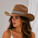 Rhinestone Cowboy Hat - Camel Western Hat with Iridescent Gemstone Fringe Band, Wide Curved Brim for Weddings, Parties, Festivals and Stage Outfits