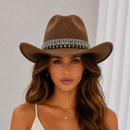 Rhinestone Cowboy Hat - Camel Western Hat with Iridescent Gemstone Fringe Band, Wide Curved Brim for Weddings, Parties, Festivals and Stage Outfits