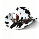 White Cow Print Western Cowboy Hat - Retro Cattle Head Studded Band, 57cm Head Fit, Wide Brim Country Style Hat for Parties, Festivals and Outdoor Wear