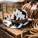 White Cow Print Western Cowboy Hat - Retro Cattle Head Studded Band, 57cm Head Fit, Wide Brim Country Style Hat for Parties, Festivals and Outdoor Wear