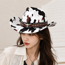 White Cow Print Western Cowboy Hat - Retro Cattle Head Studded Band, 57cm Head Fit, Wide Brim Country Style Hat for Parties, Festivals and Outdoor Wear