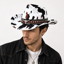 White Cow Print Western Cowboy Hat - Retro Cattle Head Studded Band, 57cm Head Fit, Wide Brim Country Style Hat for Parties, Festivals and Outdoor Wear