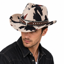 Beige Cow Print Western Cowboy Hat - Retro Cattle Head Studded Band, 57cm Head Fit, Wide Brim Country Style Hat for Parties, Festivals and Outdoor Wear