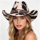 Beige Cow Print Western Cowboy Hat - Retro Cattle Head Studded Band, 57cm Head Fit, Wide Brim Country Style Hat for Parties, Festivals and Outdoor Wear
