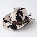 Beige Cow Print Western Cowboy Hat - Retro Cattle Head Studded Band, 57cm Head Fit, Wide Brim Country Style Hat for Parties, Festivals and Outdoor Wear