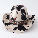 Beige Cow Print Western Cowboy Hat - Retro Cattle Head Studded Band, 57cm Head Fit, Wide Brim Country Style Hat for Parties, Festivals and Outdoor Wear