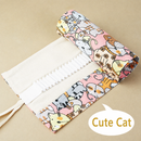 108-Slot Cat Print Canvas Pencil Roll - Large Capacity Roll-Up Pencil Case with Individual Holders and Tie Closure for Coloured Pencils, Drawing and Sketching