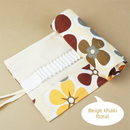 108-Slot Print Canvas Pencil Roll (Beige and khaki flowers)- Large Capacity Roll-Up Pencil Case with Individual Holders and Tie Closure for Coloured Pencils, Drawing and Sketching
