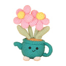 Handmade Crochet Flower Pot - Green Watering Can Planter with Cute Flowers and Leaves, Knitted Artificial Floral Ornament for Home Office Desk Decor and Gift