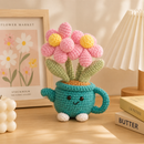 Handmade Crochet Flower Pot - Green Watering Can Planter with Cute Flowers and Leaves, Knitted Artificial Floral Ornament for Home Office Desk Decor and Gift