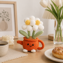 Handmade Crochet Flower Pot - Red Watering Can Planter with Cute Flowers and Leaves, Knitted Artificial Floral Ornament for Home Office Desk Decor and Gift