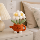 Handmade Crochet Flower Pot - Red Watering Can Planter with Cute Flowers and Leaves, Knitted Artificial Floral Ornament for Home Office Desk Decor and Gift