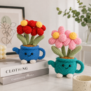 Handmade Crochet Flower Pot - Red Watering Can Planter with Cute Flowers and Leaves, Knitted Artificial Floral Ornament for Home Office Desk Decor and Gift
