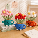 Handmade Crochet Flower Pot - Red Watering Can Planter with Cute Flowers and Leaves, Knitted Artificial Floral Ornament for Home Office Desk Decor and Gift