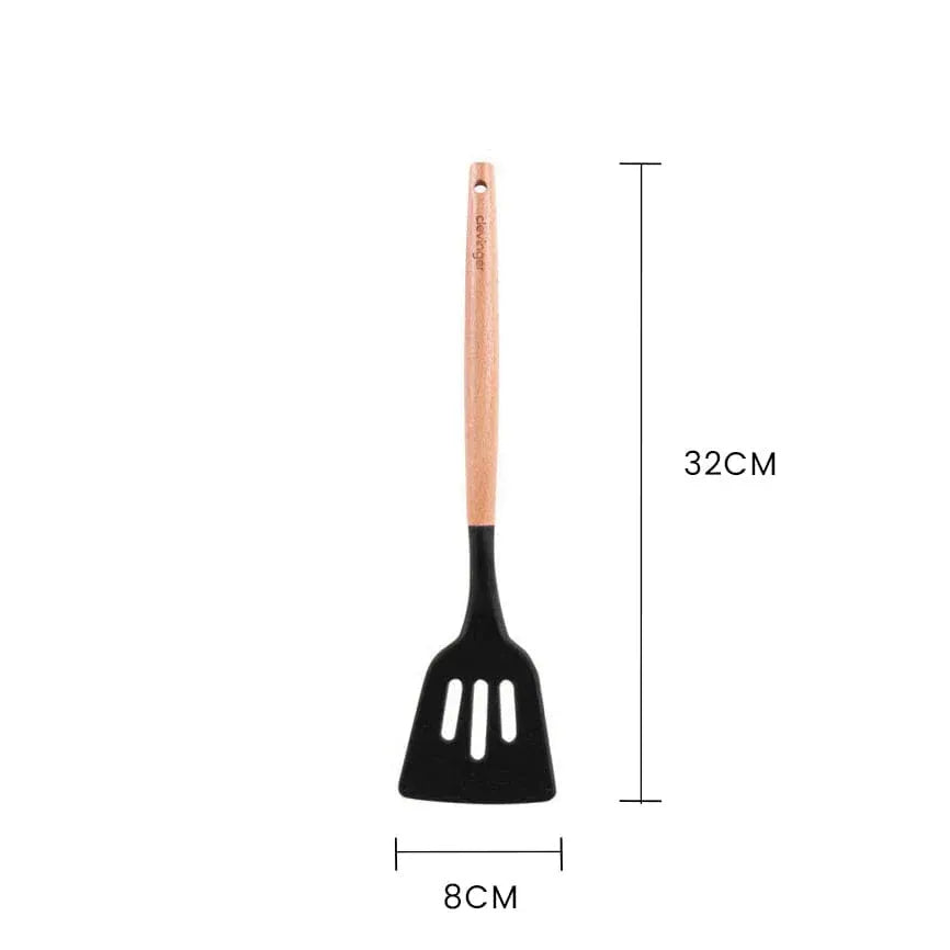 3 Pcs Beechwood & Silicone Kitchen Cooking Utensils Set - Turner/Spoon/Slotted Turner  - Charcoal
