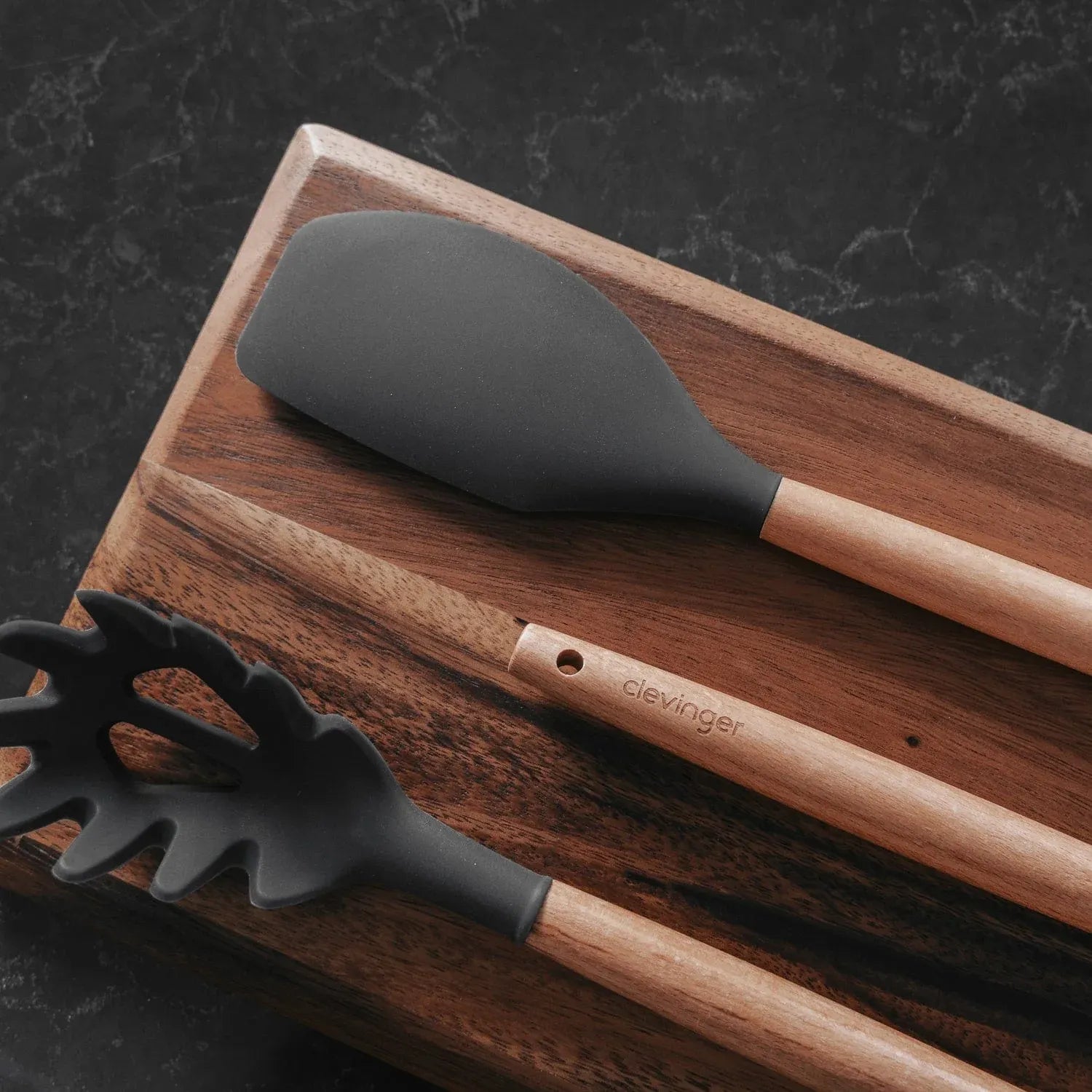 3 Pcs Beechwood & Silicone Kitchen Baking Utensils Set – Charcoal (Spatula, Whisk, Basting Brush)