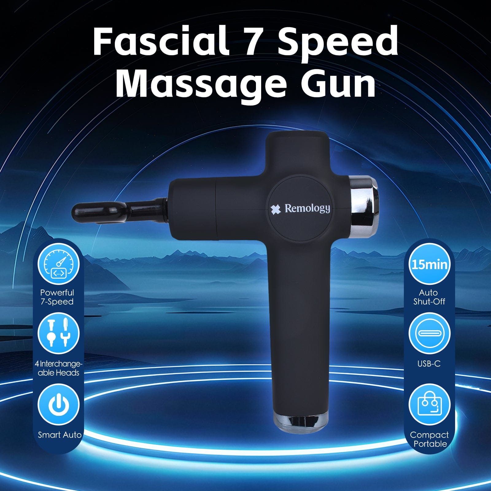 Remology Impact Therapy 7 Adaptive Speed USB-C Fascial Massage Gun with 4 Heads