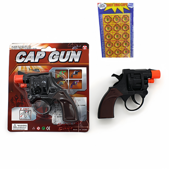 2 Pcs of MINI CAP GUN (11x8CM) ON CARD plus 144Pcs free 8 ring caps