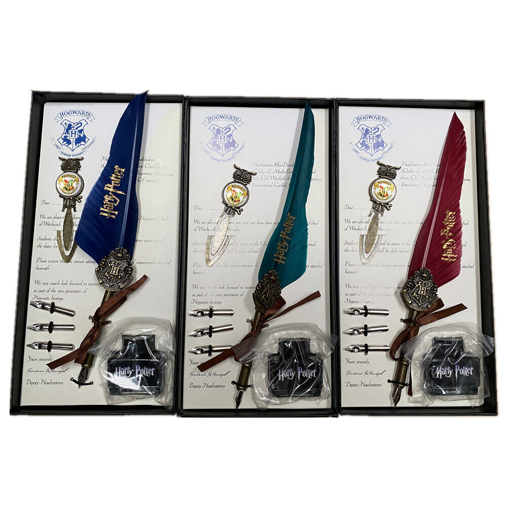 Harry Potter Vintage Feather Dip Pen Writing Set with ink Calligraphy Quill Pen Gifts - NAVY BLUE
