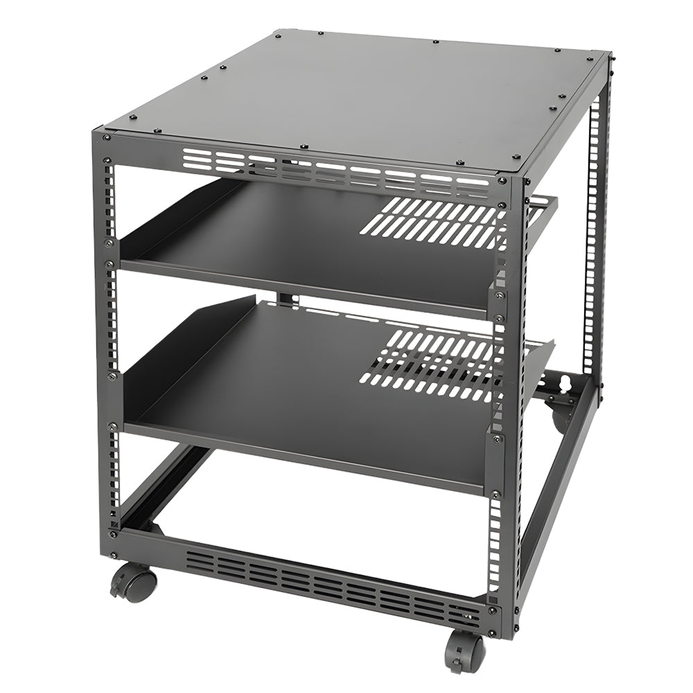 Alston 12U Open Frame Server Rack Hifi Device Rack with Vented Shelves Heavy Duty 4-Post AV/IT Network Rack Free Standing with Lockable Casters