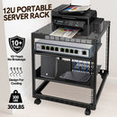 Alston 12U Open Frame Server Rack Hifi Device Rack with Vented Shelves Heavy Duty 4-Post AV/IT Network Rack Free Standing with Lockable Casters