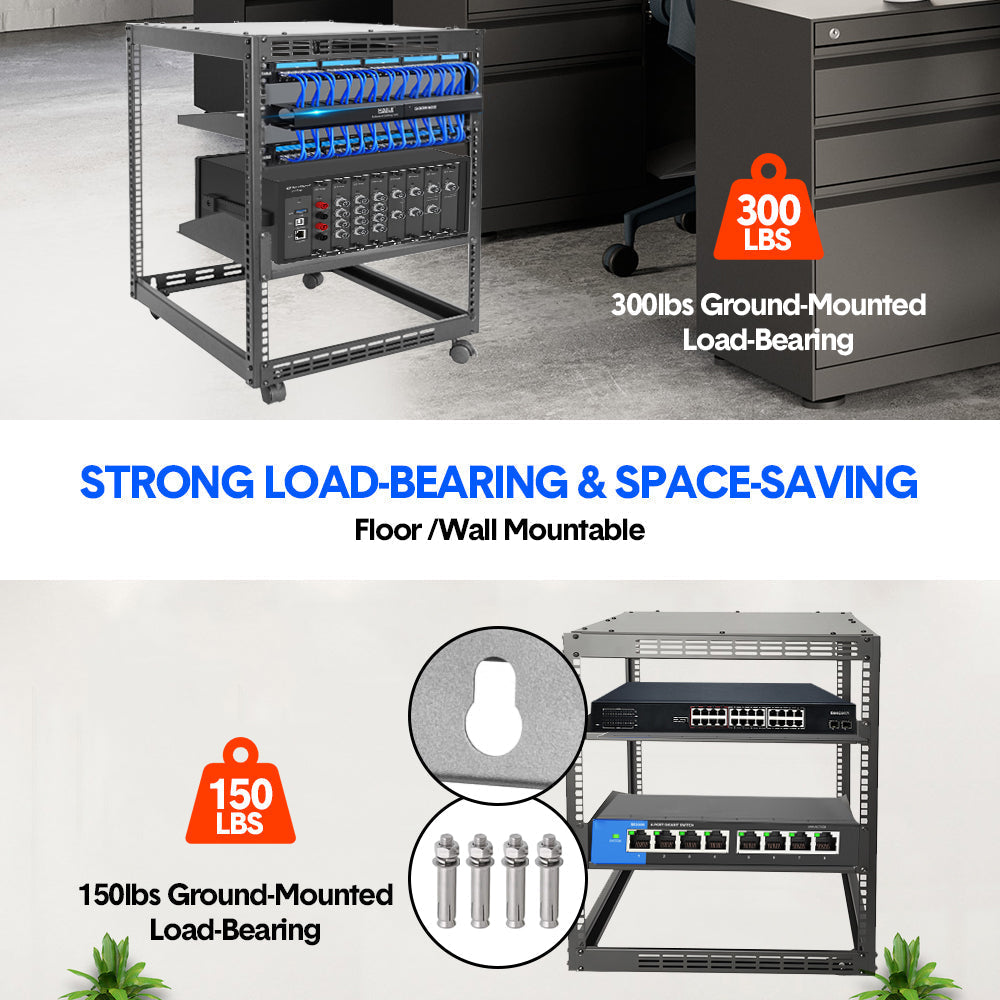 Alston 12U Open Frame Server Rack Hifi Device Rack with Vented Shelves Heavy Duty 4-Post AV/IT Network Rack Free Standing with Lockable Casters