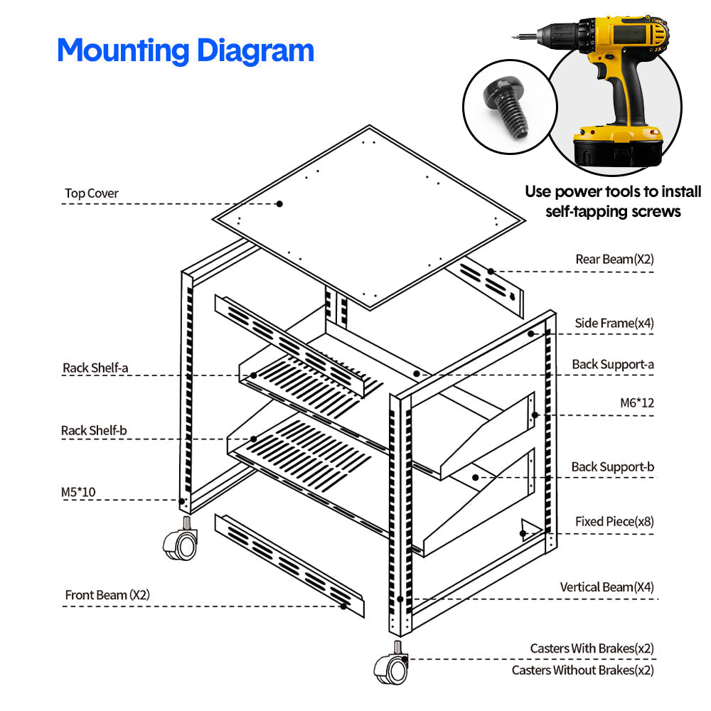 Alston 12U Open Frame Server Rack Hifi Device Rack with Vented Shelves Heavy Duty 4-Post AV/IT Network Rack Free Standing with Lockable Casters