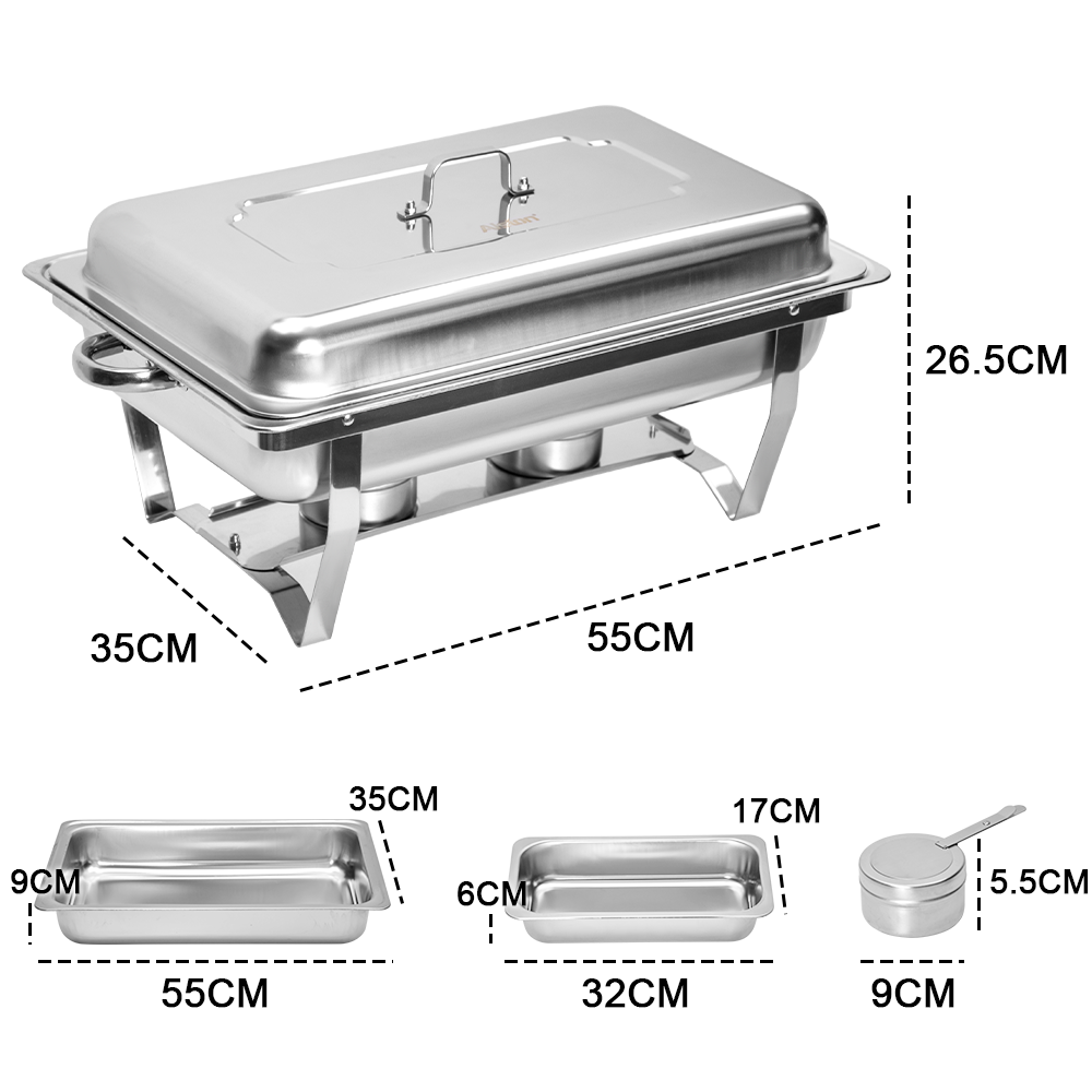 Alston 9L 3x3L Bain Marie Bow Food Buffet Warmer Pan Chafing Dish Stainless Steel Catering Warmer Set with Trays Lid Fuel Holder Party Banquet Dining